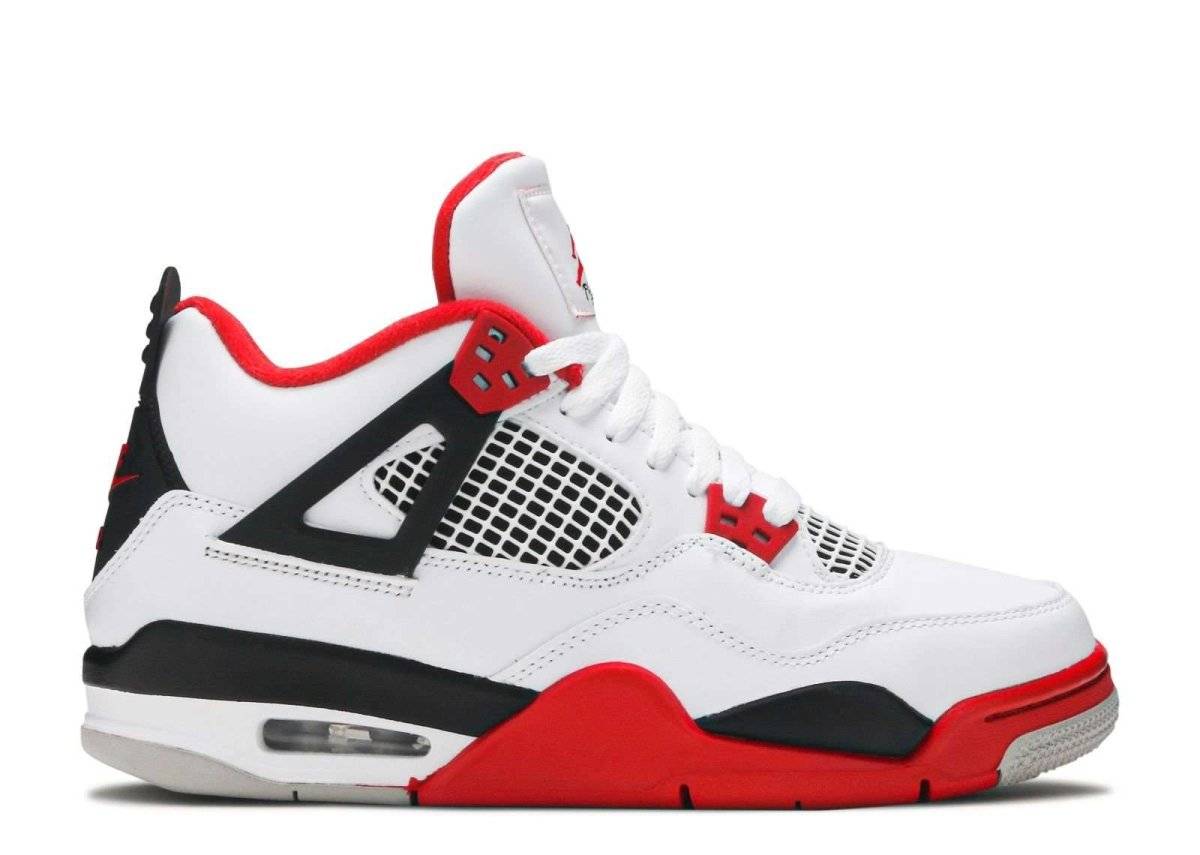 Air Jordan 4 Retro OG GS Fire Red 2020 sneaker for kids featuring white leather upper, black heel tabs with Nike Air logo, and Fire Red accents.