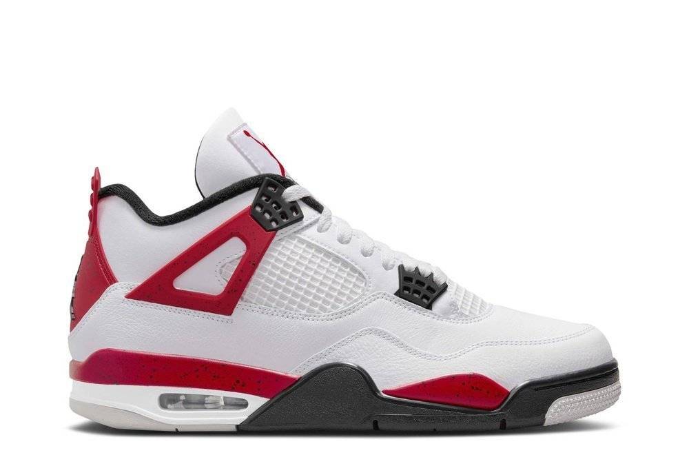 Air Jordan 4 Retro Red Cement sneaker featuring a white leather upper, fire red accents, black detailing, and a visible Air sole unit. Perfect for bold and timeless style.