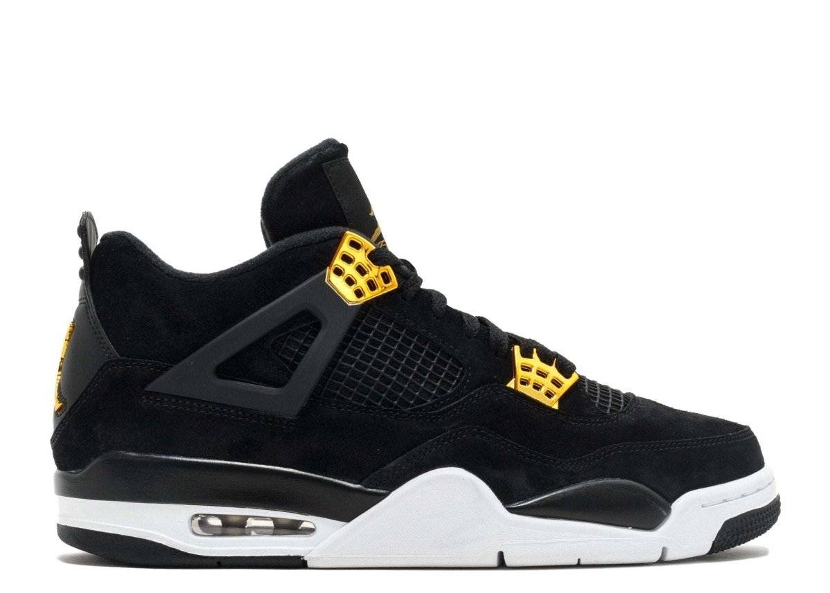 Air Jordan 4 Retro Royalty sneaker featuring black suede upper, gold accents on lace wings, and white midsole with visible Air unit.