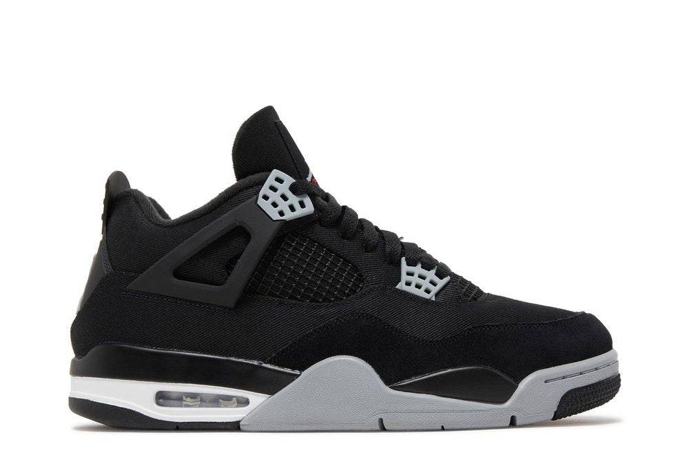 Air Jordan 4 Retro SE Black Canvas sneakers featuring a black canvas upper, grey midsole, red accents, and visible Air-Sole unit for comfort.