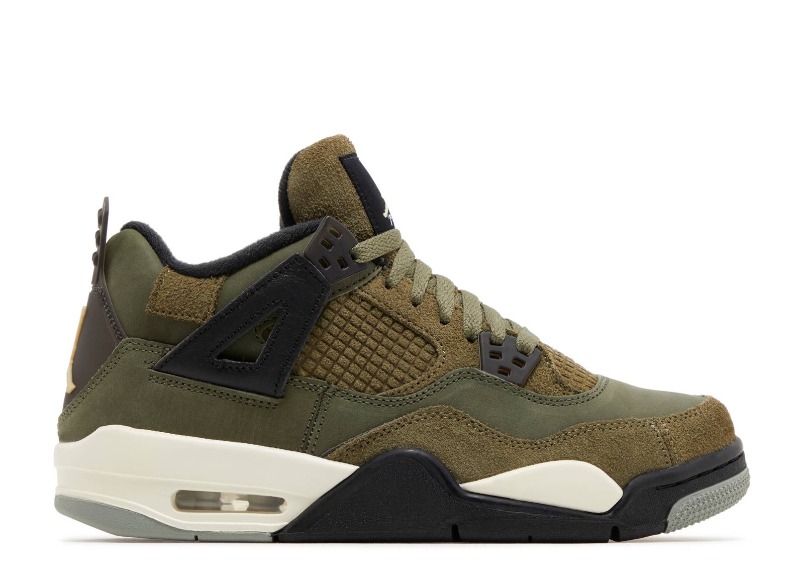 Air Jordan 4 Retro SE GS Craft - Olive sneaker featuring a mixed-material design with nubuck and hairy suede panels in khaki, medium olive, and pale vanilla tones.