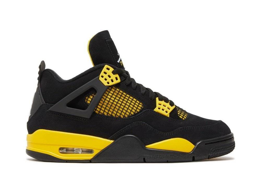 Air Jordan 4 Retro Thunder 2023 sneaker in black nubuck with vibrant Tour Yellow accents, featuring iconic Jumpman logo and mesh detailing.