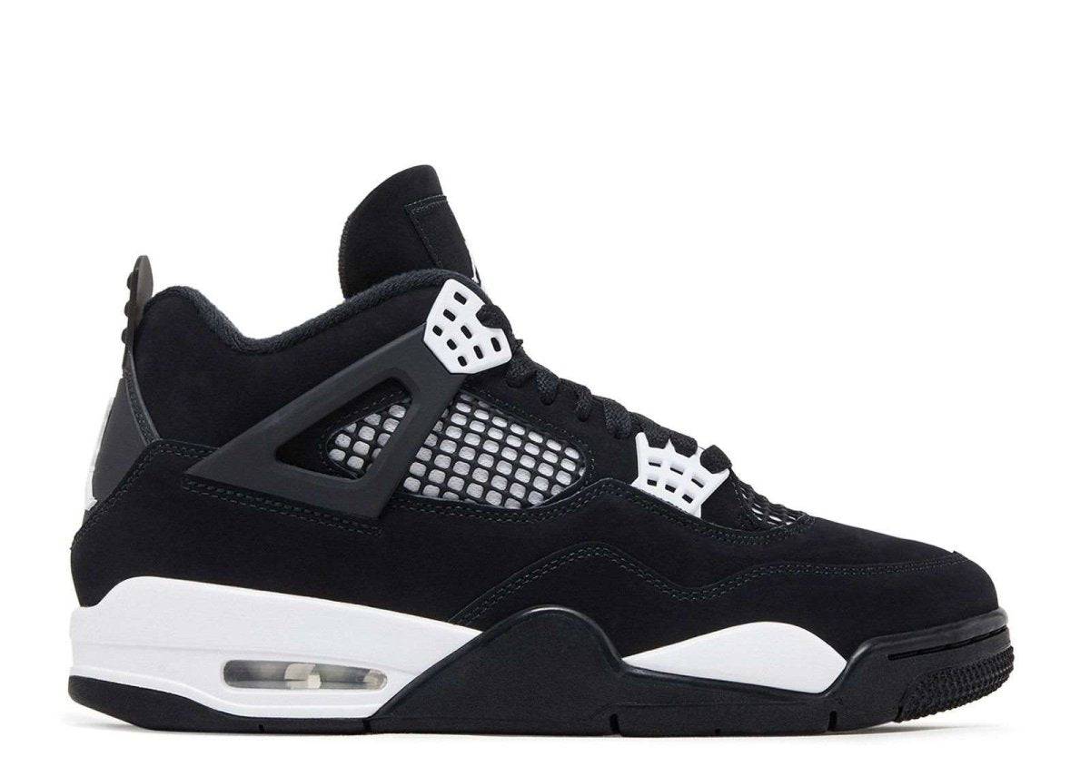 Air Jordan 4 Retro White Thunder sneaker featuring black nubuck upper, white accents, mesh panels, and visible Air unit. Iconic Jumpman logo design.