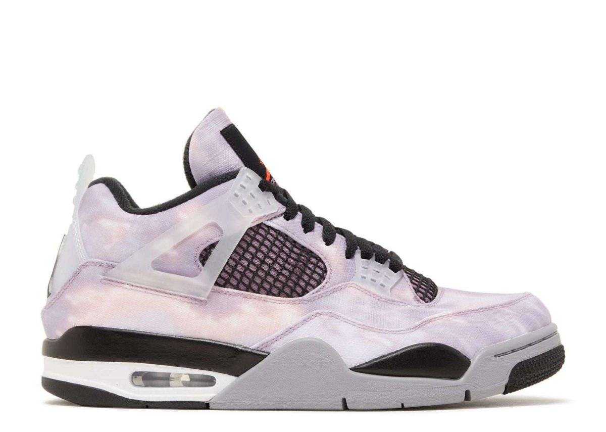 Air Jordan 4 Zen Master retro sneaker featuring a tie-dye canvas in blue and pink tones with TPU details and black accents. Perfect for sneaker enthusiasts.