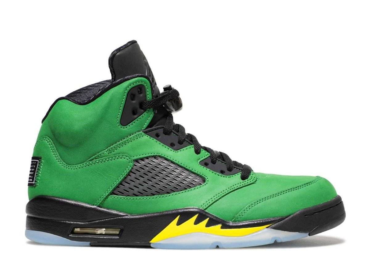 Air Jordan 5 Retro SE Oregon sneaker in Apple Green Durabuck with yellow and black accents, featuring a translucent outsole and mesh side panels.