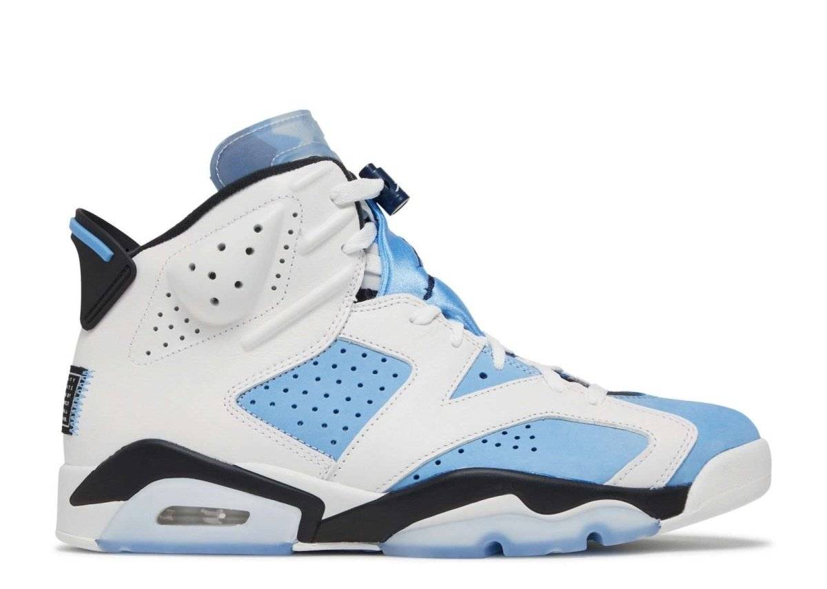 Air Jordan 6 Retro UNC sneaker in University Blue Durabuck and white leather with navy accents, inspired by UNC. Features unique heel patch and translucent outsole.