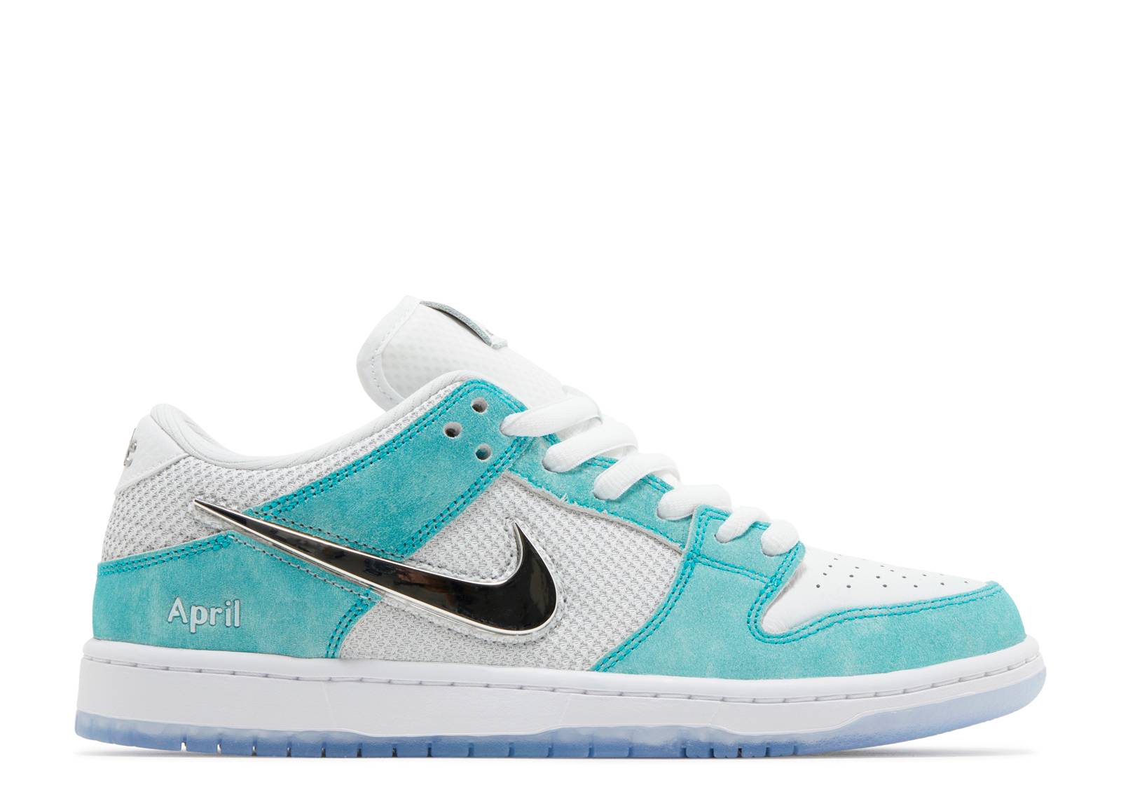 April Skateboards x Turbo Green Nike Dunk SB Low sneaker featuring a white mesh upper, vibrant turquoise suede overlays, and metallic black Swoosh.