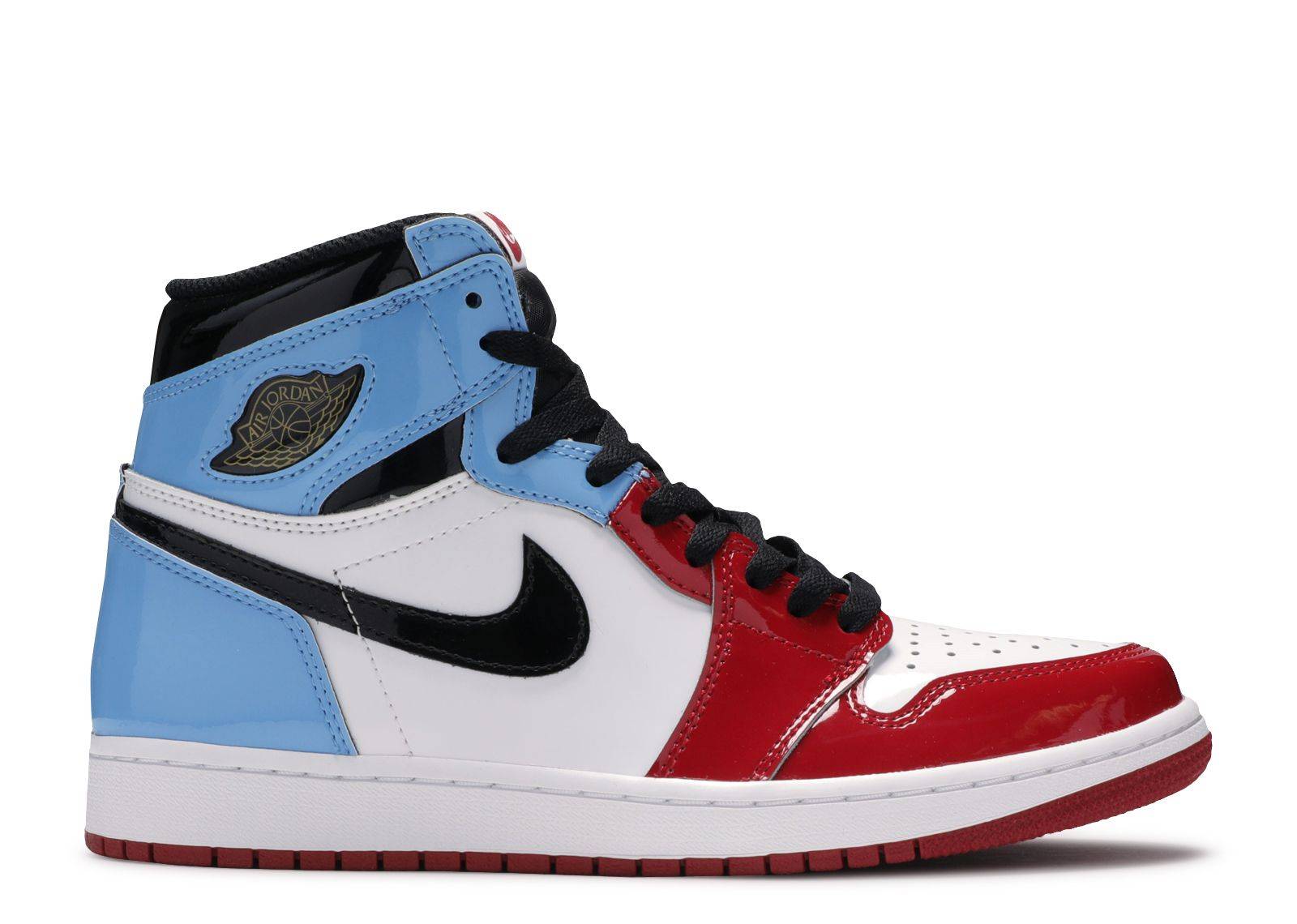 Air Jordan 1 Retro High OG Fearless sneaker featuring white patent leather base, red and blue overlays, black 'Swoosh,' and red outsole.