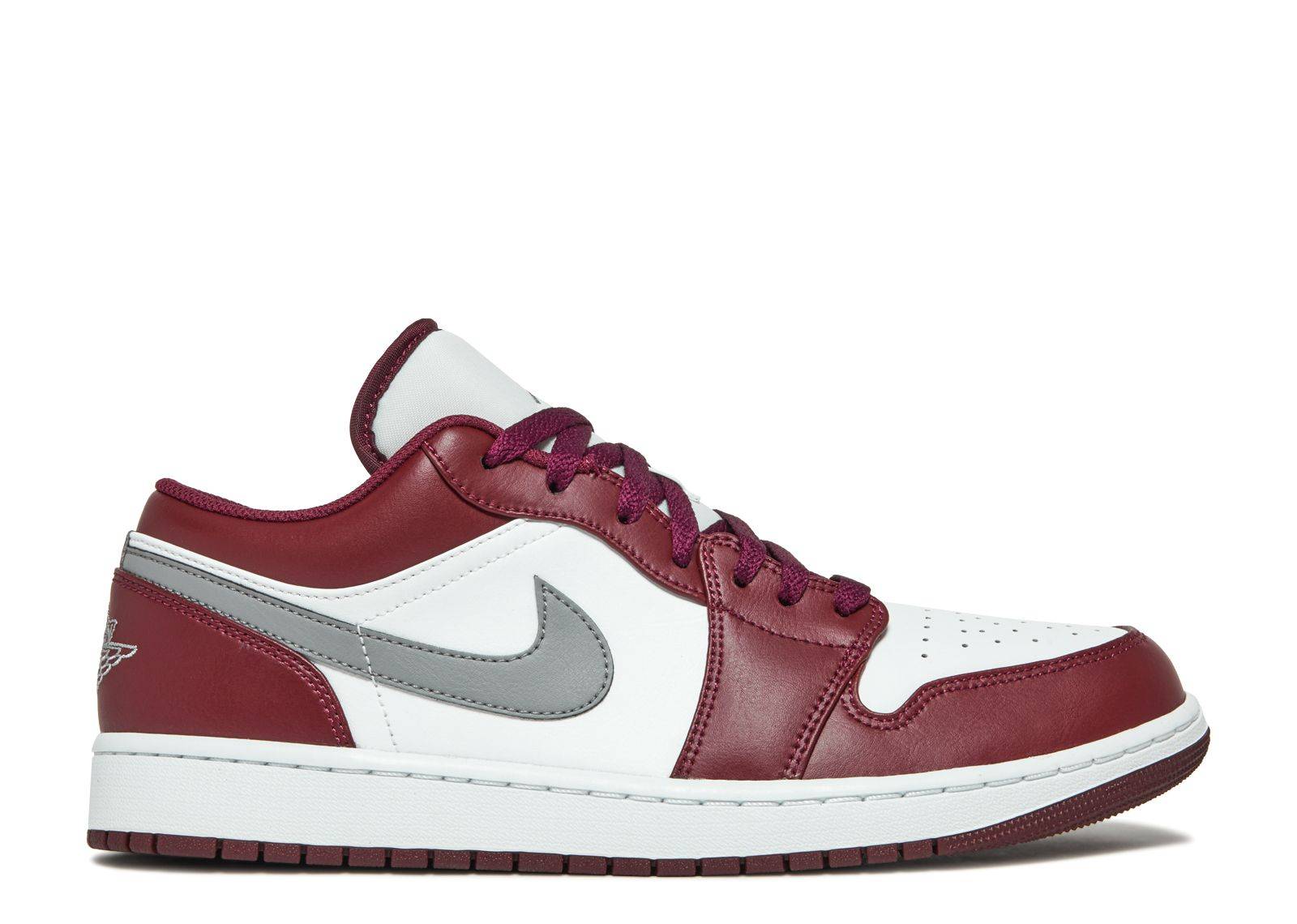 Air Jordan 1 Low Cherrywood Red sneaker featuring white leather upper, cherrywood red overlays, cement grey Swooshes, and burgundy outsole.