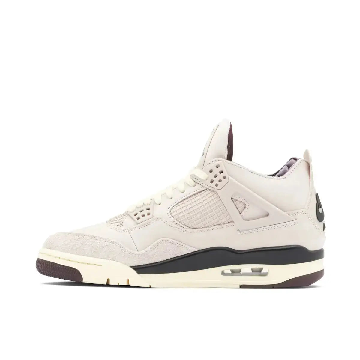 Side profile of A Ma Maniere x Wmns Air Jordan 4 Retro sneaker with luxury design elements, including light grey leather and Violet Ore suede.