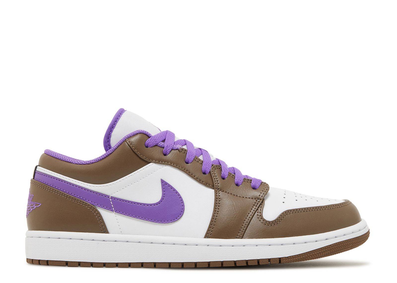 Air Jordan 1 Low Palomino sneaker featuring a white leather base, palomino brown overlays, and vibrant purple accents on the Swoosh and laces.