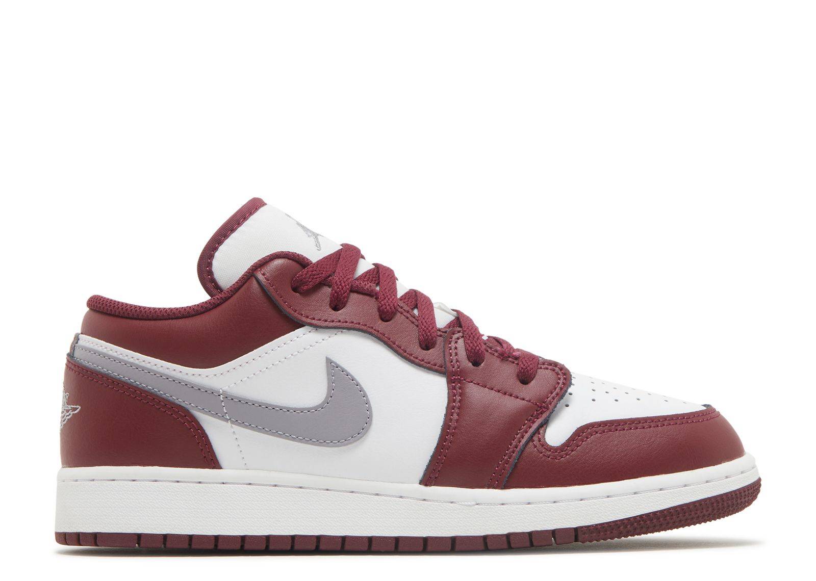 Air Jordan 1 Low GS Cherrywood Red sneaker featuring a leather upper with dark red overlays, cement grey Swooshes, and white midsole. Ideal for grade-schoolers.