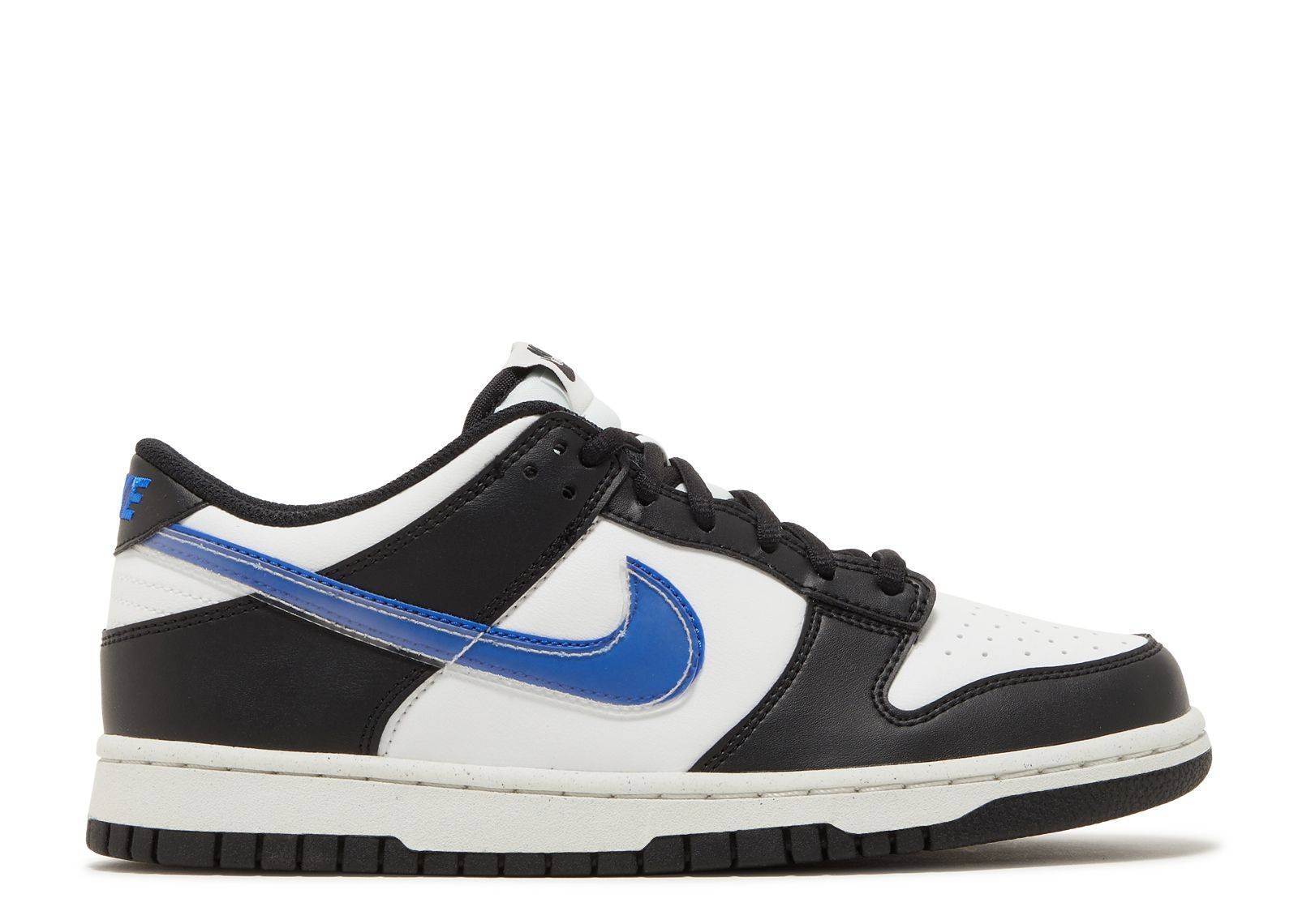 Nike Dunk Low Next Nature GS TPU Swoosh sneaker in black, white, and blue with leather-textile upper, cushioned midsole, and durable rubber outsole.