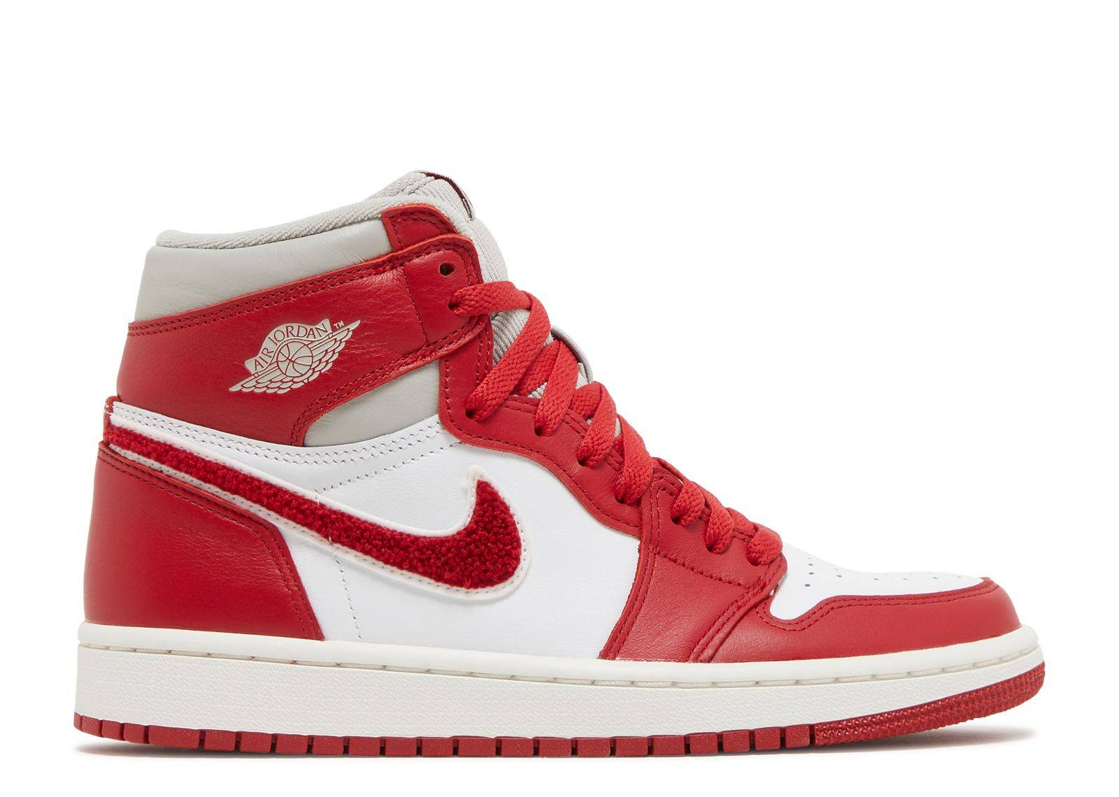 Wmns Air Jordan 1 High OG Newstalgia sneaker featuring a white leather base, red chenille swooshes, and varsity-inspired detailing. Perfect for casual wear.