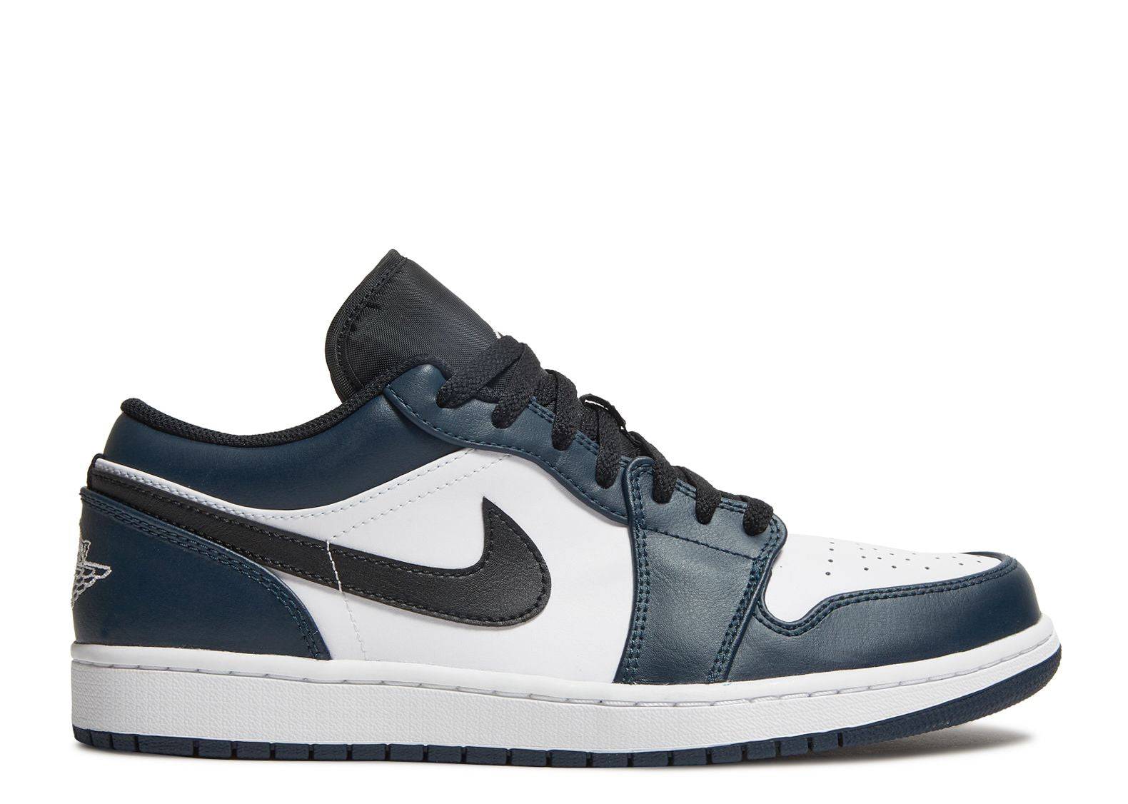 Air Jordan 1 Low Dark Teal sneaker featuring a white and dark teal upper, black Nike Swoosh, black laces, and white midsole with dark teal outsole.