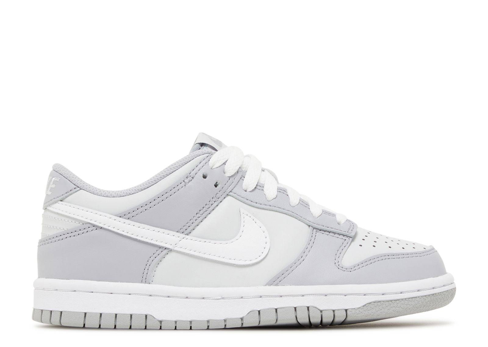 Nike Dunk Low PS Wolf Grey sneaker featuring a white leather base with wolf grey overlays, white laces, and a durable rubber sole. Perfect for casual wear.