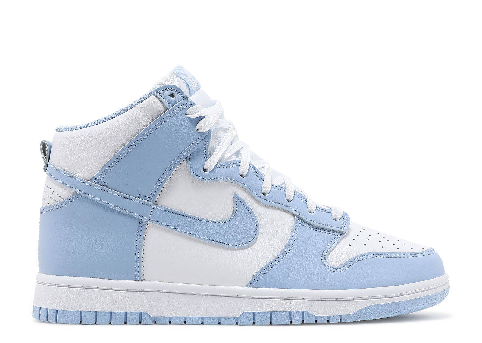 Wmns Dunk High Aluminum sneaker featuring white leather base with Aluminum blue overlays, Nike Swoosh, and star traction outsole. Stylish women's shoe released in 2021.