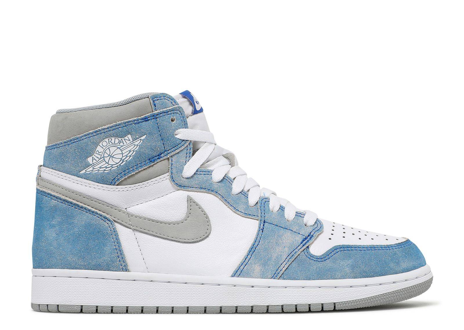 Air Jordan 1 Retro High OG Hyper Royal sneaker featuring white leather, blue suede overlays, grey accents, and iconic branding. A sought-after limited edition shoe in the apparel and accessories category.