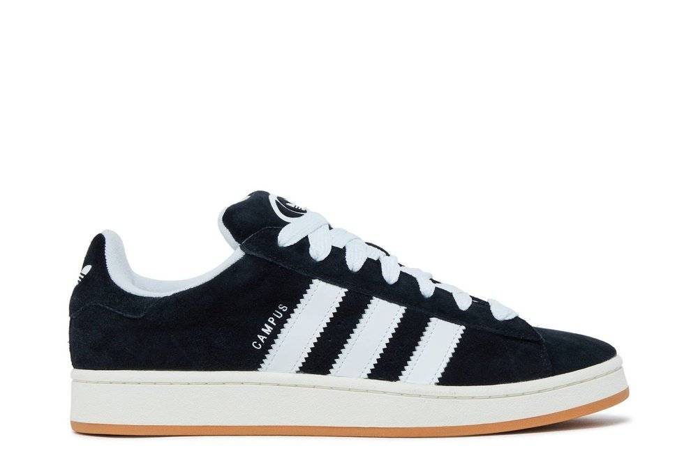 Campus 00s Black White Gum sneakers by Adidas featuring black suede upper, white 3-Stripes, and caramel gum outsole in vintage design.