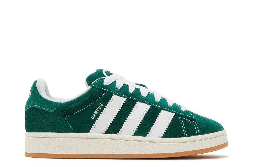 Campus 00s Dark Green Gum adidas sneakers featuring a dark green suede upper, white leather stripes, and a durable gum rubber outsole. Perfect for Y2K-inspired style and casual wear.