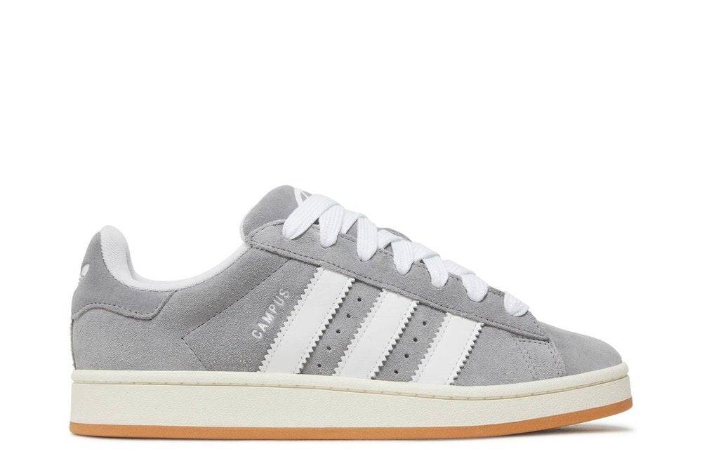 Campus 00S Grey Gum sneaker by adidas featuring a grey suede upper, white 3-Stripes branding, and a gum outsole for style and comfort.