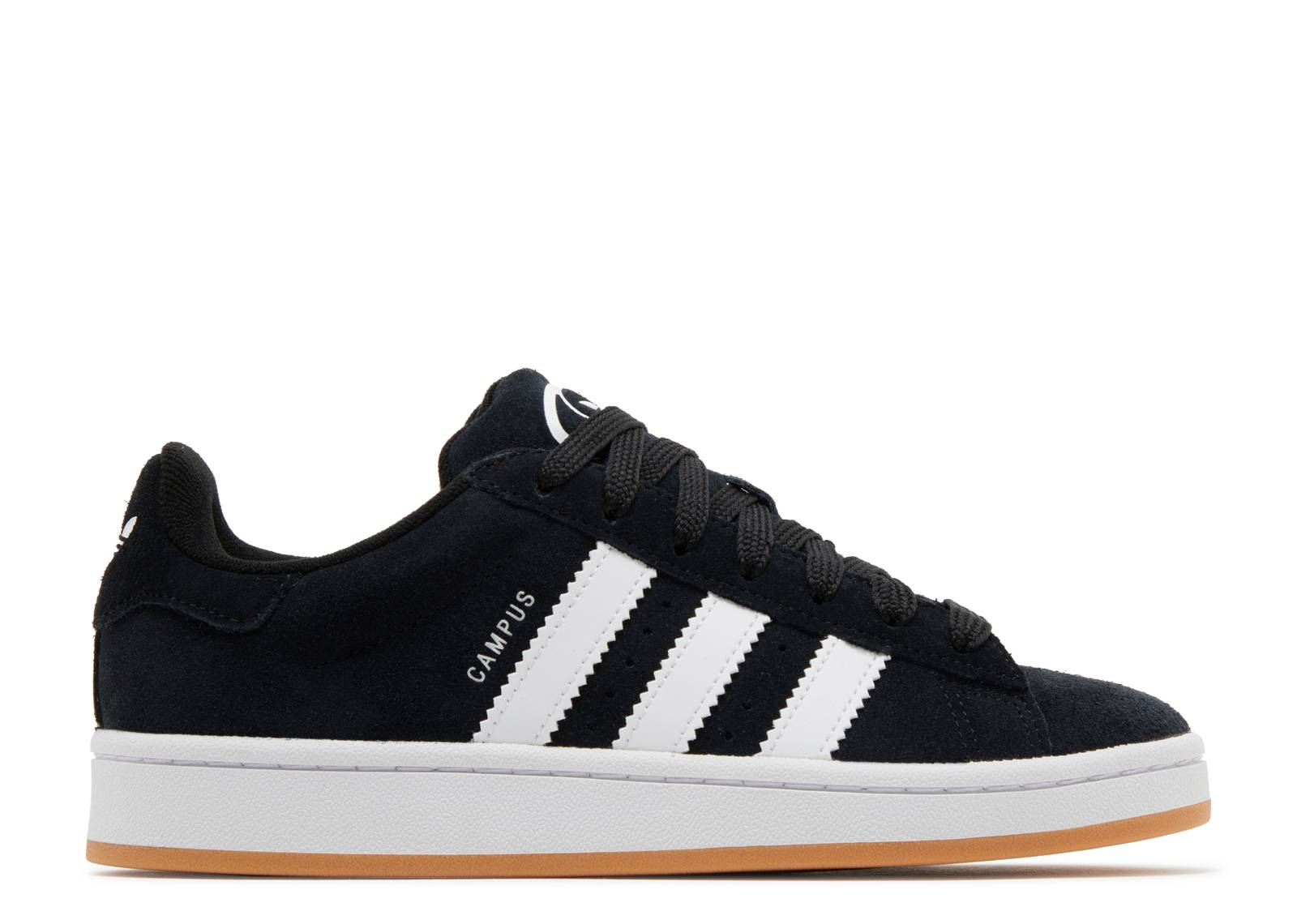 Campus 00s J Black White Gum sneaker by adidas featuring black suede uppers, white 3-Stripes, and a gum outsole. Stylish vintage-inspired footwear.