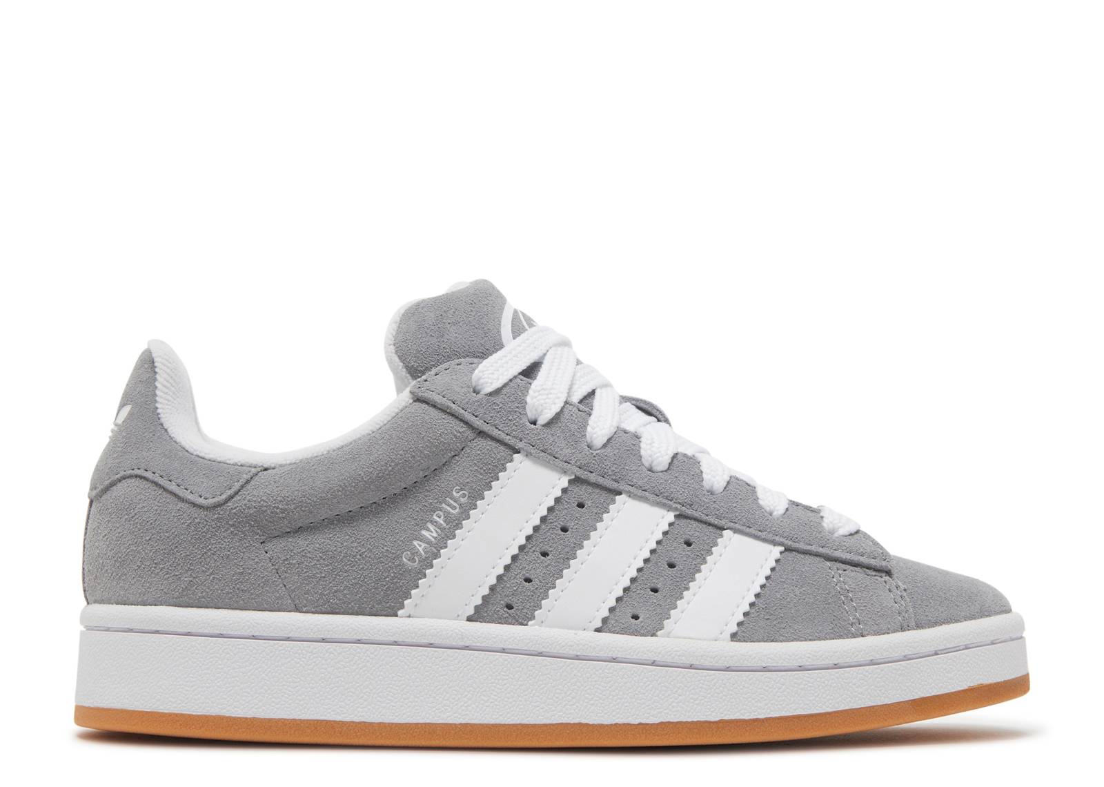 Campus 00s J Grey Gum sneaker by Adidas in grade school size, featuring grey suede upper, white stripes, and gum rubber outsole for grip.