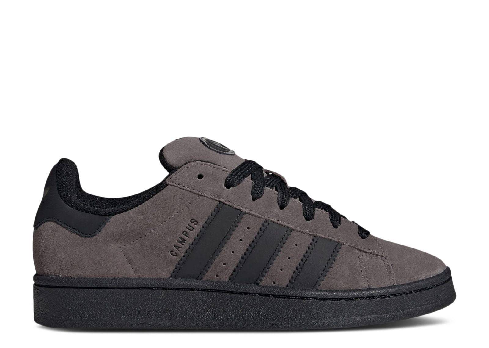 Campus 00s Charcoal Black retro skater sneaker with premium suede upper, black foam sole, and iconic Adidas three-stripe design.