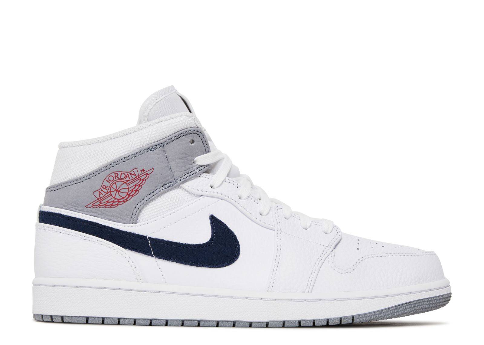 Air Jordan 1 Mid Paris shoes featuring white leather, navy suede Nike swoosh, and red Air Jordan logo. Released March 2022.