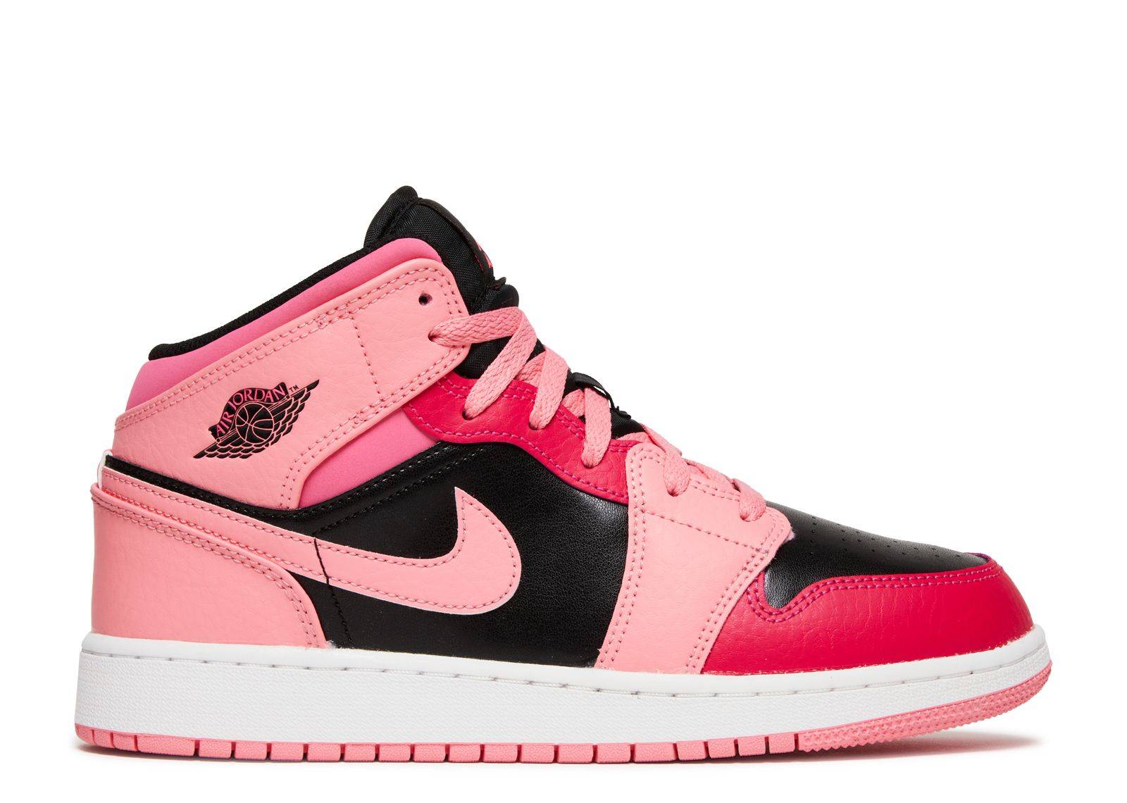 Air Jordan 1 Mid GS Coral Chalk sneaker featuring coral chalk, rush pink, and black leather with a cushioned white midsole and pink outsole.