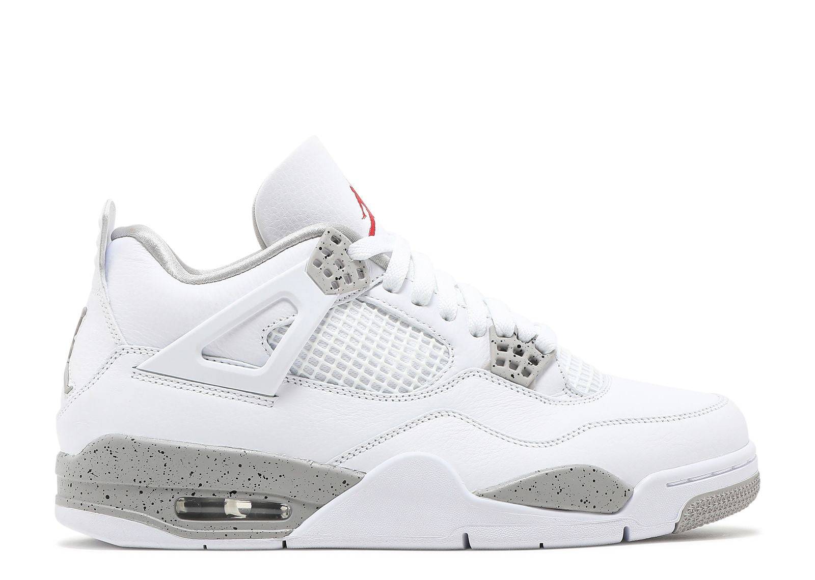 Air Jordan 4 Retro Oreo shoes featuring a white leather and mesh upper, Tech Grey speckled eyelets, and red Jumpman logo. Premium sneakers for casual and athletic wear.