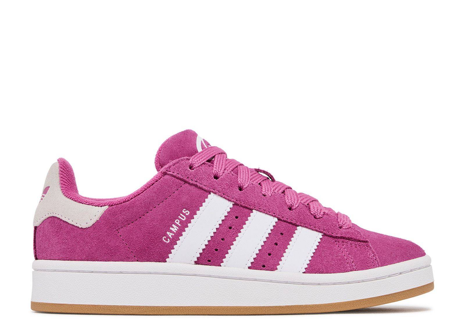 Campus 00s J Trainers in Semi Lucid Fuchsia by adidas, featuring a sleek suede upper, white stripes, and a durable gum outsole. Perfect for Y2K-inspired fashion.