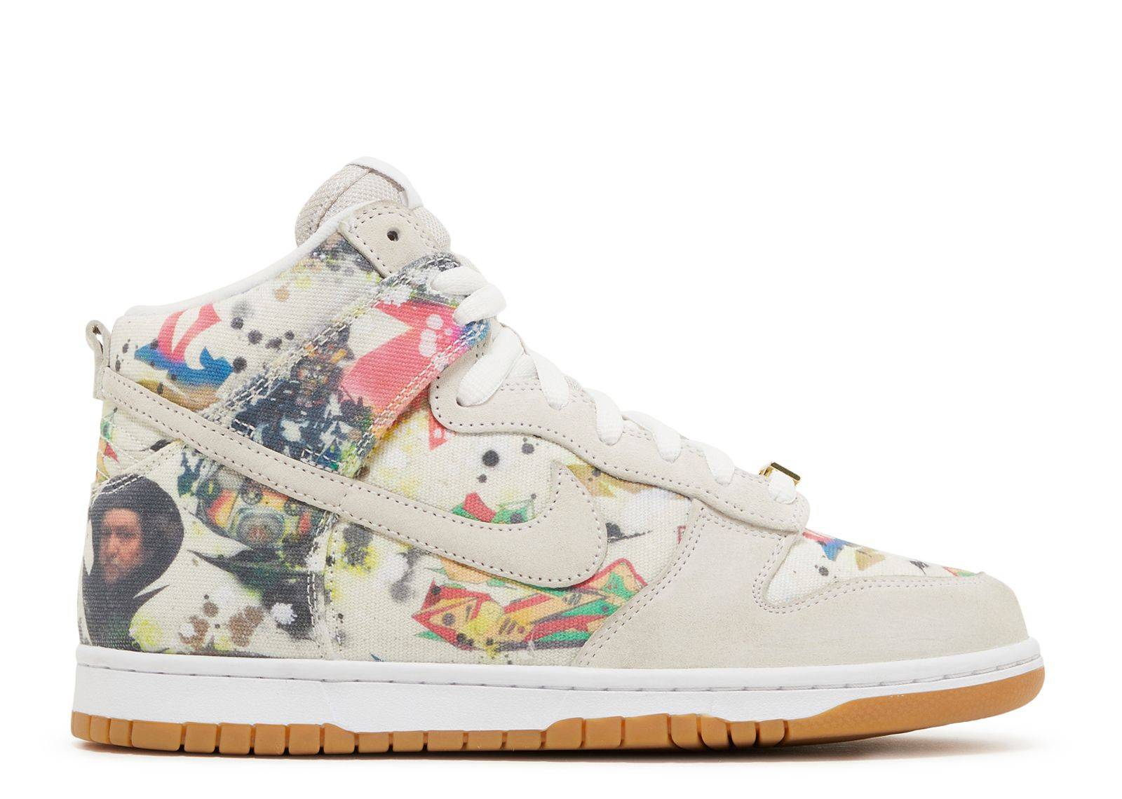 Supreme x Dunk High SB Rammellzee sneaker featuring an abstract multicolor design with white overlays, gum sole, and Nike Swoosh. A collaboration blending Supreme's bold style and Rammellzee's art.