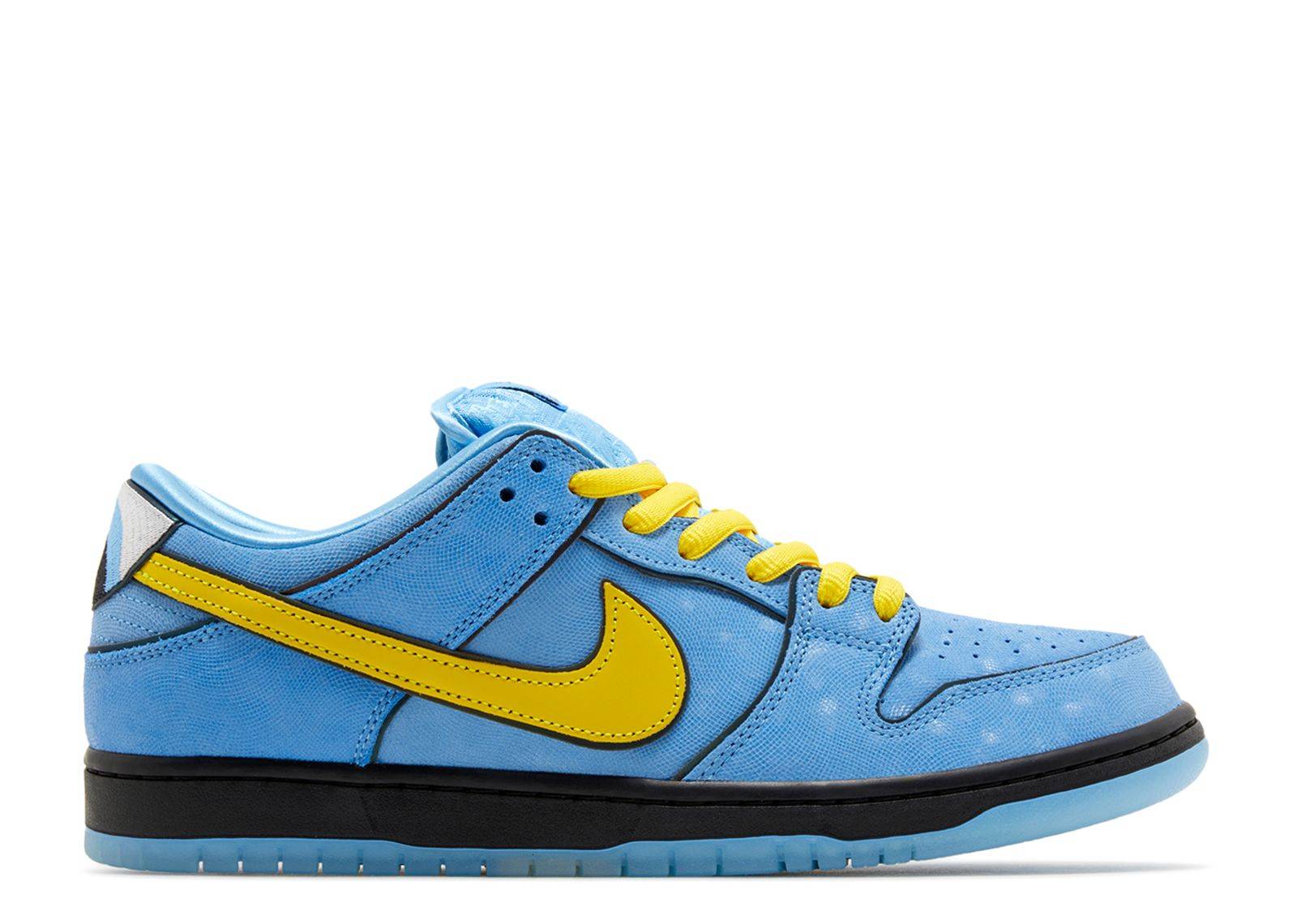 Powerpuff Girls Bubbles Dunk Low sneaker featuring blue leather upper, yellow Nike swoosh, and skate-inspired design. Perfect for preschoolers.