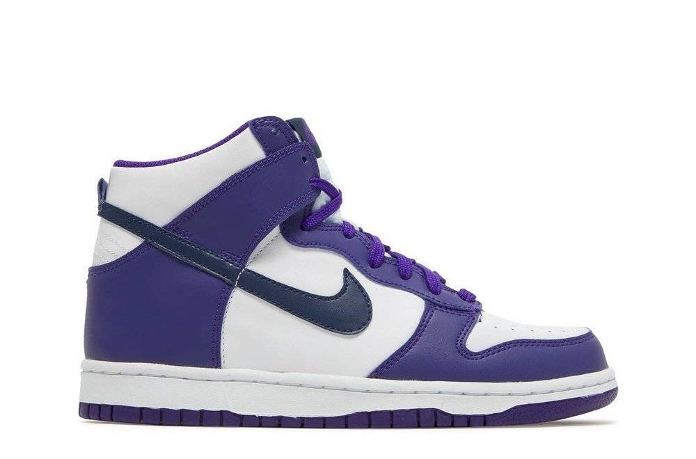 Nike Dunk High GS Electro Purple Navy sneaker featuring a white leather base, purple overlays, and navy swooshes. Stylish and durable design.