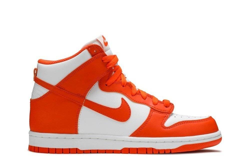 Nike Dunk High SP GS Syracuse 2021 sneaker in orange blaze and white leather upper with cushioned collar and rubber outsole.