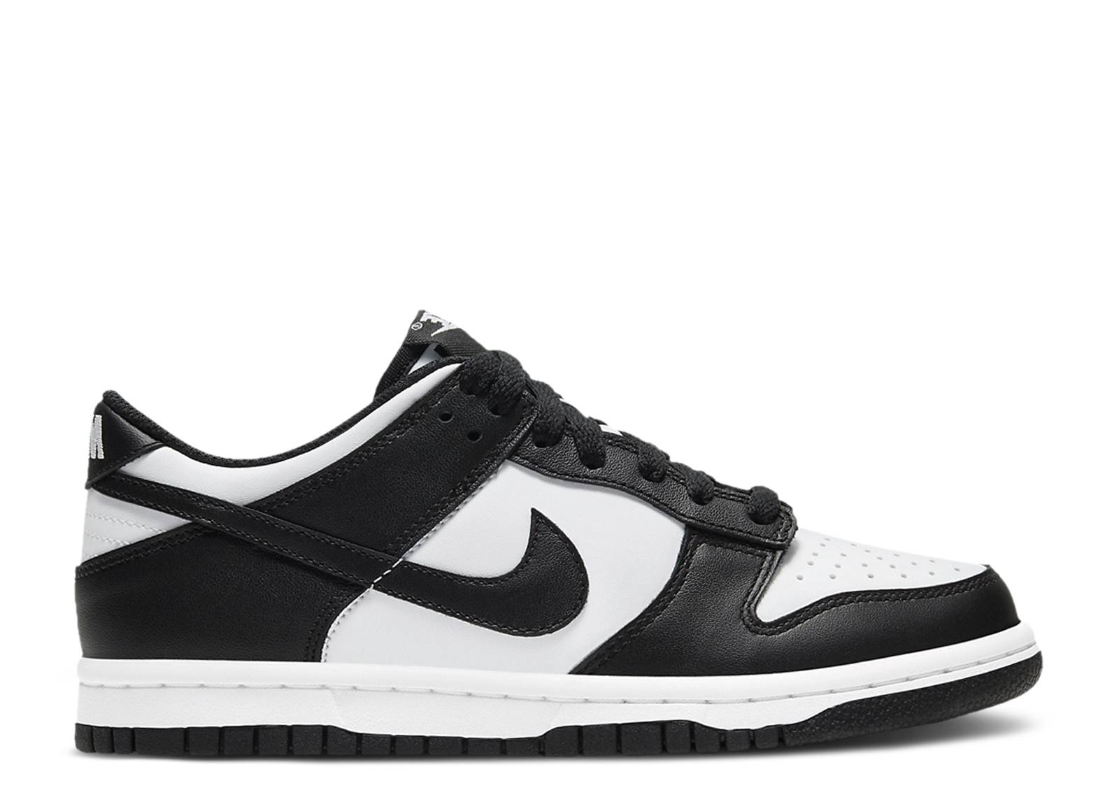 Dunk Low GS Black White sneaker by Nike, featuring a premium leather upper in a black and white colorway with the iconic Swoosh logo. Perfect for casual wear or sneaker collections.