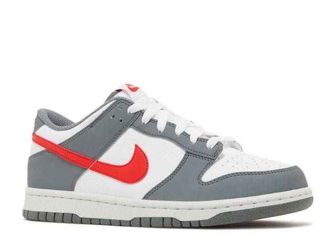 Side angle of the Nike Dunk Low Nature GS sneaker featuring grey overlays, white base, and crimson Swoosh for a stylish look.