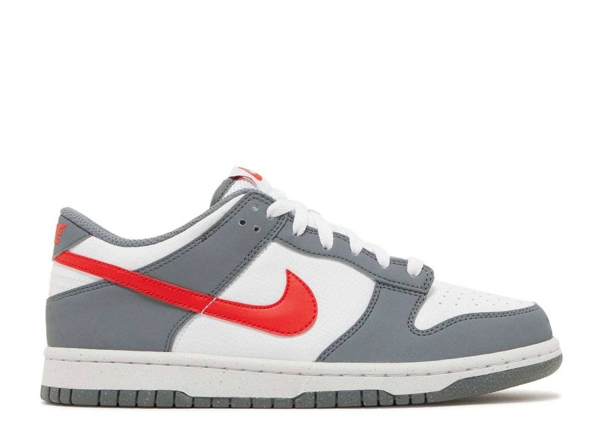 Nike Dunk Low Nature GS sneaker in grey and white with a bold crimson Swoosh, designed sustainably for grade school sizes.