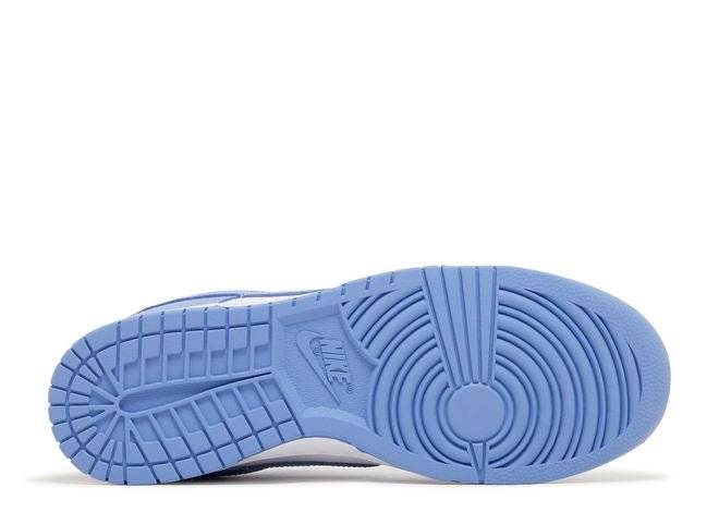 Outsole view of the Nike Dunk Low Polar Blue sneaker showcasing a durable Polar Blue rubber sole with traction pattern for grip and performance.