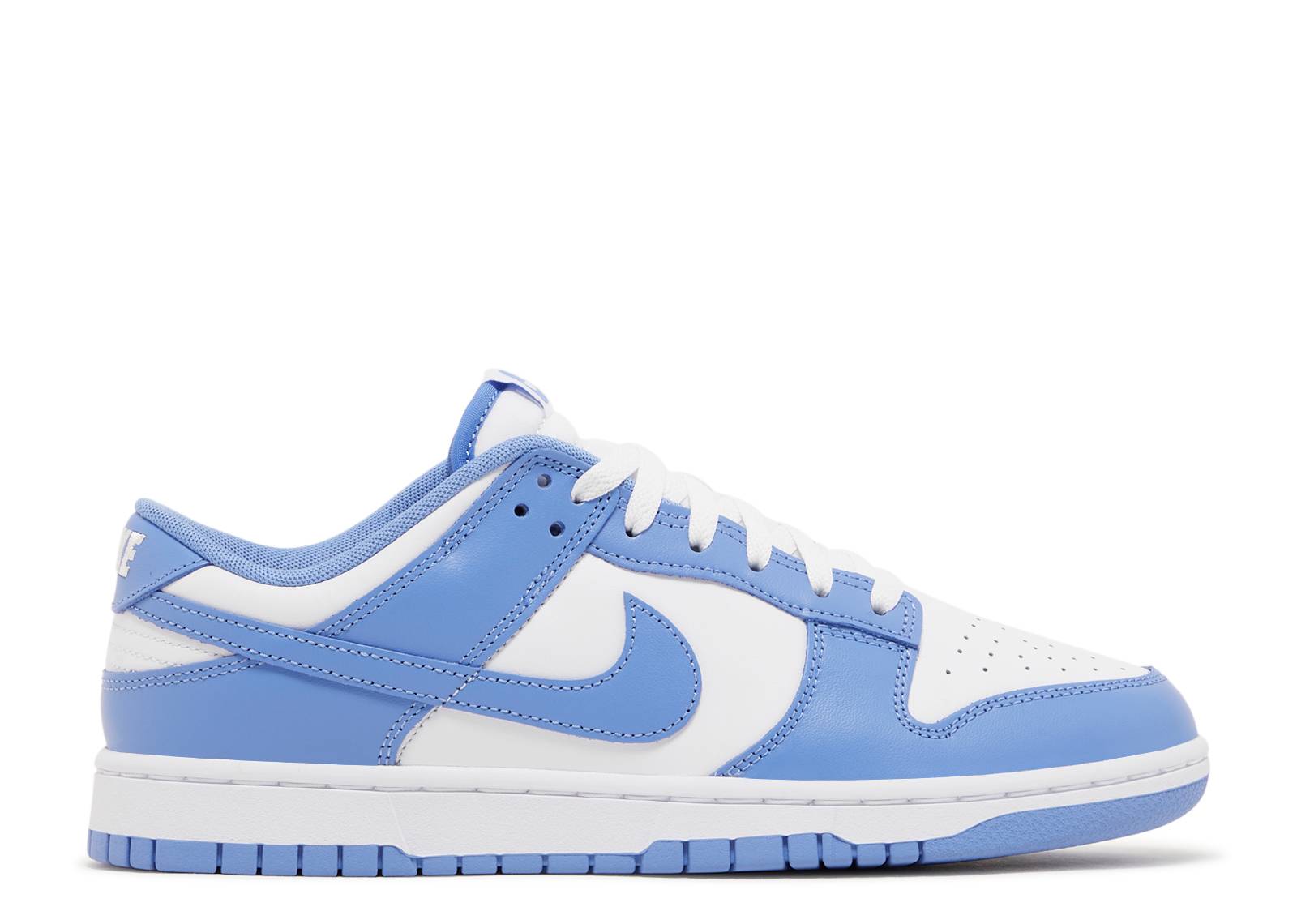 Nike Dunk Low Polar Blue sneaker featuring white leather uppers with Polar Blue overlays, laces, and Swoosh logo. Stylish and versatile for casual wear.