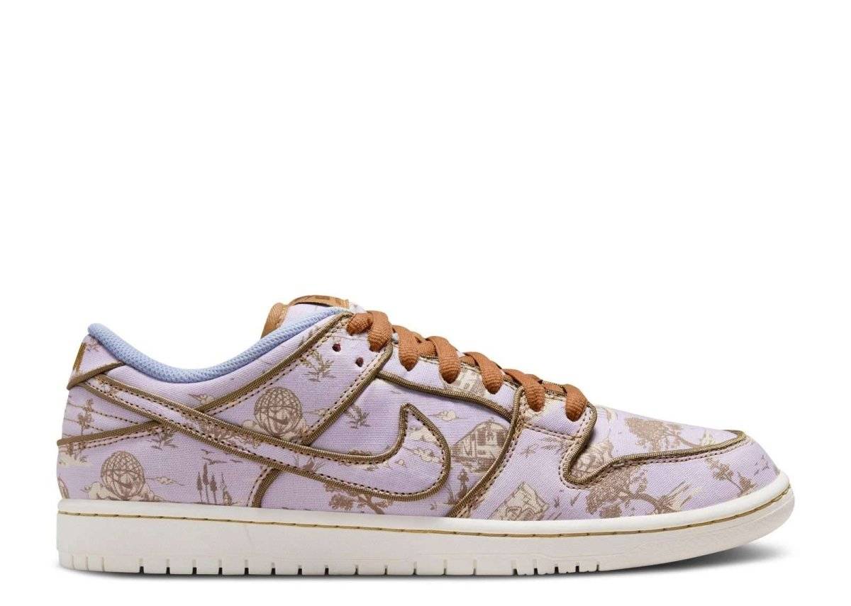 Dunk Low Premium SB Pastoral Print sneaker featuring a nature-inspired design with khaki and Flat Gold illustrations on high-quality leather.