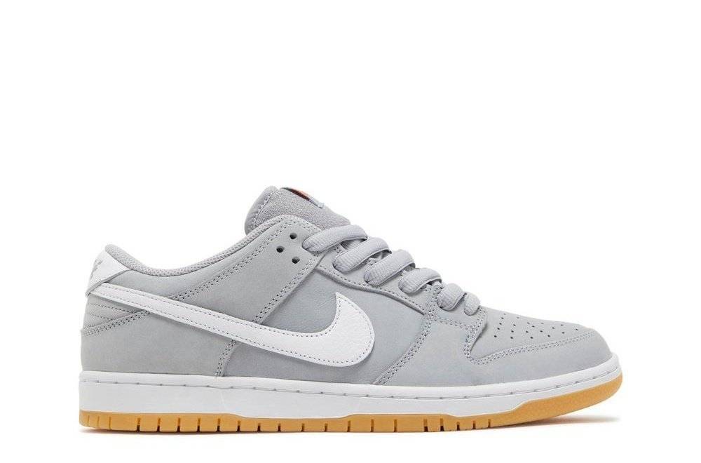 Nike SB Dunk Low Pro ISO in Wolf Grey with premium suede upper, white Swoosh, and gum sole, part of the SB Orange Label Collection.