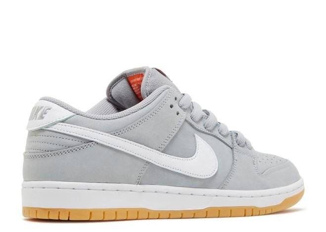 Nike SB Dunk Low Pro ISO Wolf Grey Gum sneaker showcasing a lateral view with grey suede, white branding, and durable gum sole.