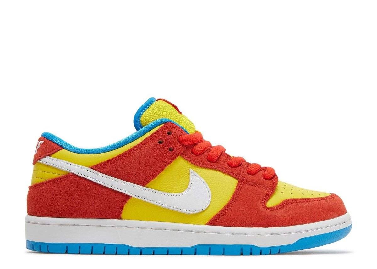 Nike SB Dunk Low Bart Simpson sneaker featuring a vibrant yellow and orange upper with blue accents and a white swoosh, inspired by Bart Simpson's colors.