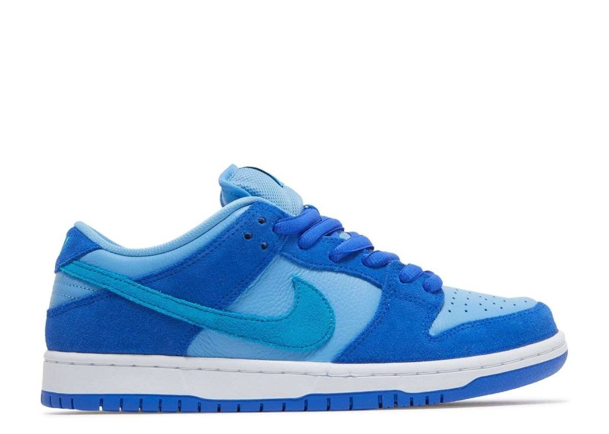 Nike SB Dunk Low Blue Raspberry sneaker featuring Laser Blue leather, Racer Blue suede overlays, and University Blue Swooshes. Part of the Fruity Pack, released June 2022.