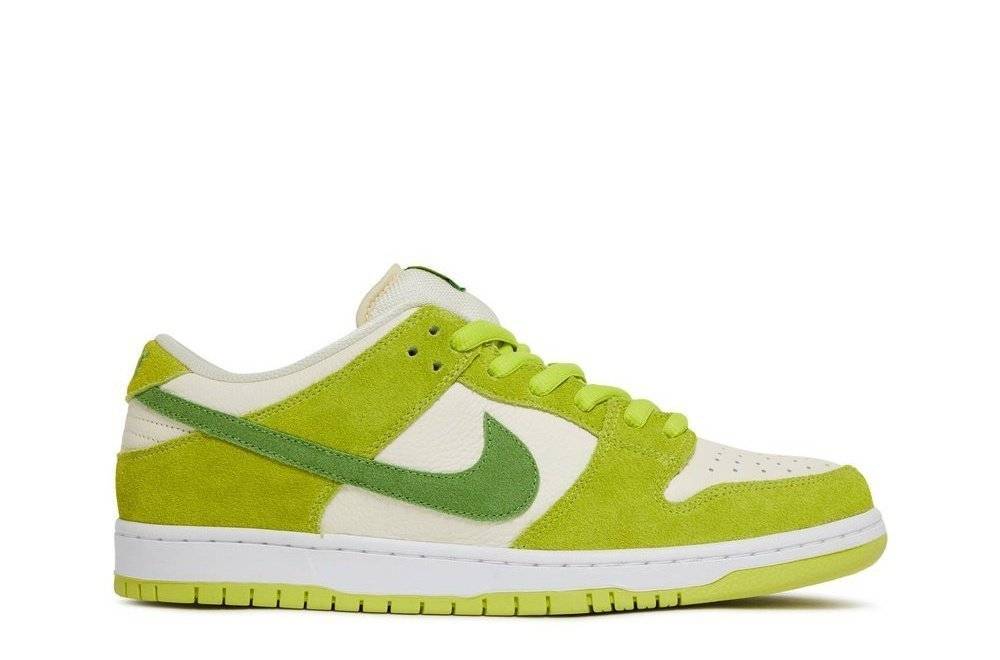 Nike SB Dunk Low Pro Fruity Pack Green Apple sneaker featuring off-white leather base, green suede overlays, and green Swoosh. Released June 2022.