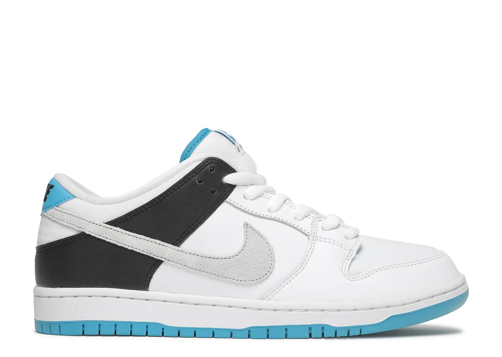 Dunk Low Pro SB Laser Blue sneaker with white leather upper, grey suede Swoosh, black overlays, and Laser Blue accents on sole and collar.