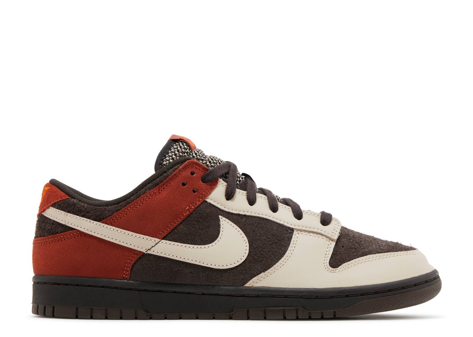 Nike Dunk Low Red Panda sneaker featuring red, white, and black tones with leather overlays, red Swoosh, and cushioned outsole. Stylish footwear for casual wear.