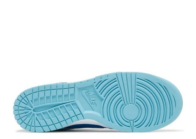 Nike Dunk Low Retro QS Argon 2022 sneaker outsole in light blue rubber with Nike branding and traction pattern, bottom view.